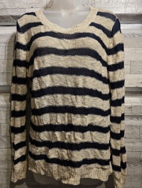 Pink Rose Cream and Navy Striped Crewneck Sweater
